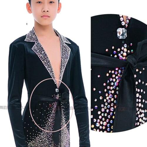 Standard Boys Ballroom Latin Dance Tops Rhinestone Long Sleeve Children Cha Cha Latino Stage Competition Shirt Dancewear DL4053