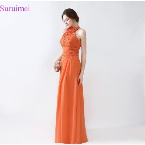 Halter Evening Dresses Floor Length Pleated Peach Color Chiffon Evening Gown Orange Prom Dresses Cheap On Sale
