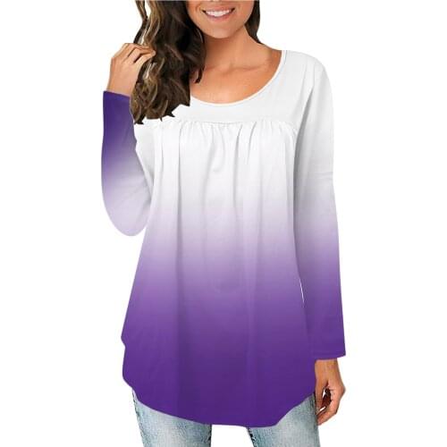 Gradient Stitching Woman Tshirts Casual Long Sleeve O-neck Pleated Tops Basic T-shirt Manga Larga Fashion Harajuku T Shirt Women