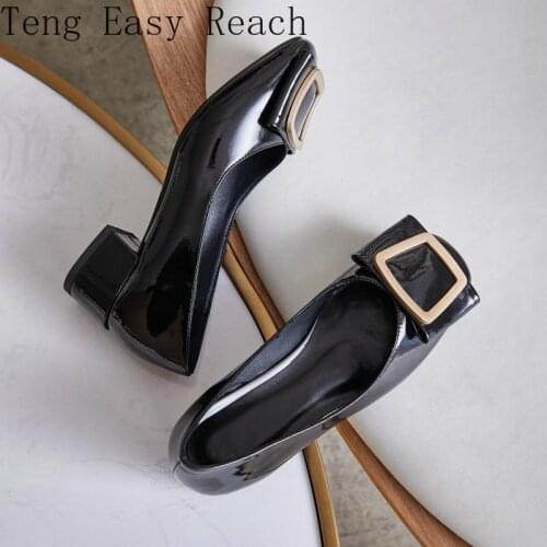 Patent PU Leather Big Buckle Office Lady Pumps Chunky Middle Heels Womens Career Shoes Slip-on Woman Spring Shoes Plus Size 43