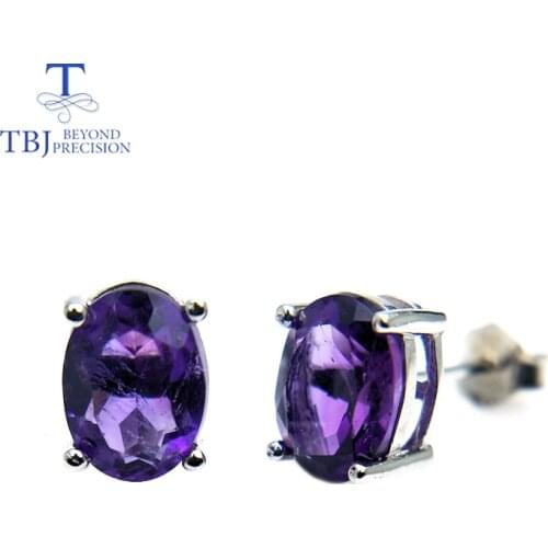 TBJ,natural good luster african amethyst oval 6*8mm 3ct gemstone simple earring in 925 yellow gold color for girls with box
