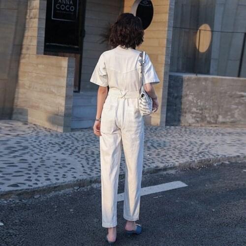 2020 Summer New Solid White Cargo High Waist Straight Jumpsuits Women Fashion Casual Sashes Short Sleeve Ladies Jumpsuits Hot