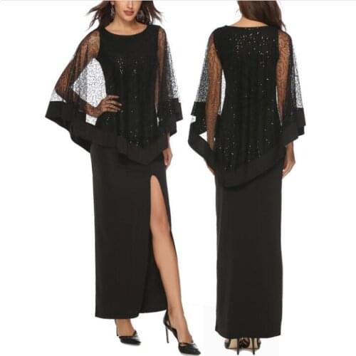 Summer New Women Fashion Elegant Black Dress Sequin Lace Patchwork Sexy Party Long Maxi Cloak Sleeves Dresses vestidos