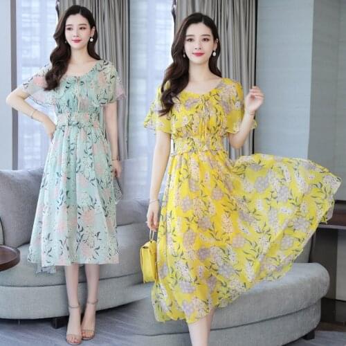 Floral Chiffon Dresses Summer Womens 2020 Stitching Printing Temperament Word Collar Strapless Mid-length Dress Women Z972