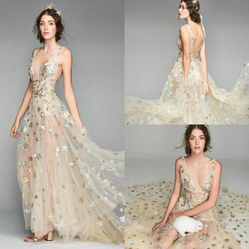 Fairy Prom Dresses Bling Star Deep V Neck Sweep Train 2020 Formal Occasion Dress Party Evening Robes De Soirée Plus Size