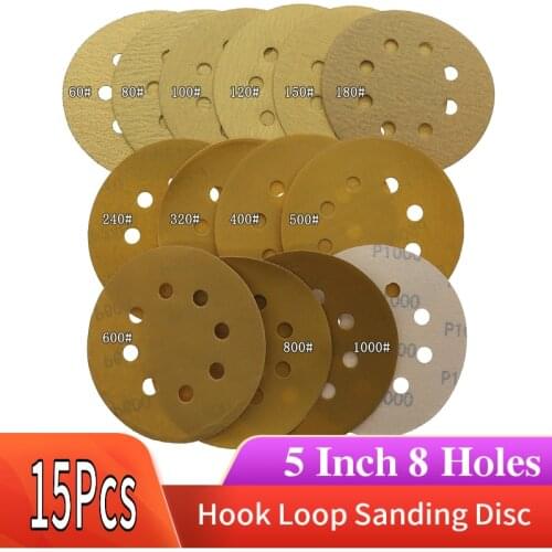 15Pcs 5 Inch 8 Holes Aluminium Oxide 60 to 1000 Grits Hook and Loop Gold Sandpaper Sanding Disc for Metal & Automotive
