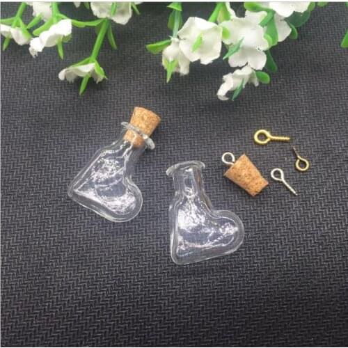 20sets/lot Mini transperant Cork Vial Glass hanging heart Wishing Wish Bottle sample Jars DIY Pendant Craft Jewelry findings