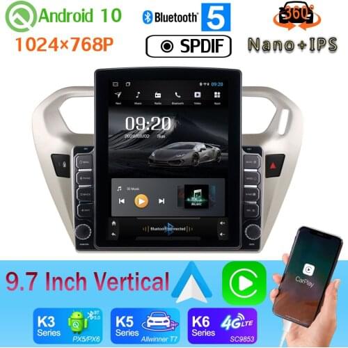 9.7" Vertical Style Car Media GPS CarPlay Android 10 360 Camera Radio For Citroen Elysee Peugeot 301 2013-2017 PX6 4+64G 4G WiFi