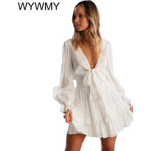 White Bowknot Ruffle Beach Dress Spring Summer Lantern Sleeve Chic Short Mini Dress V Neck Lace Up 2021 New Sheer Dress Vestidos