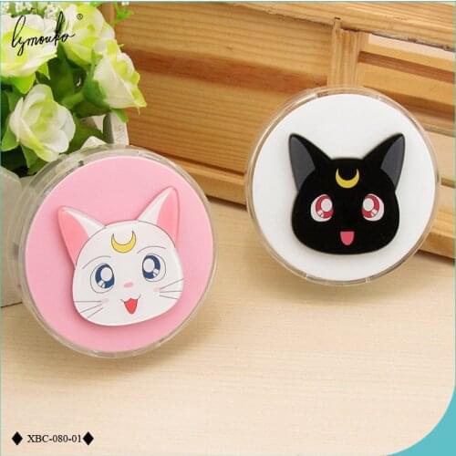 Lymouko New Design Cute Cartoon Round Cat with Mirror Contact Lens Case for Women Gift Portable Kit Holder Lenses Box