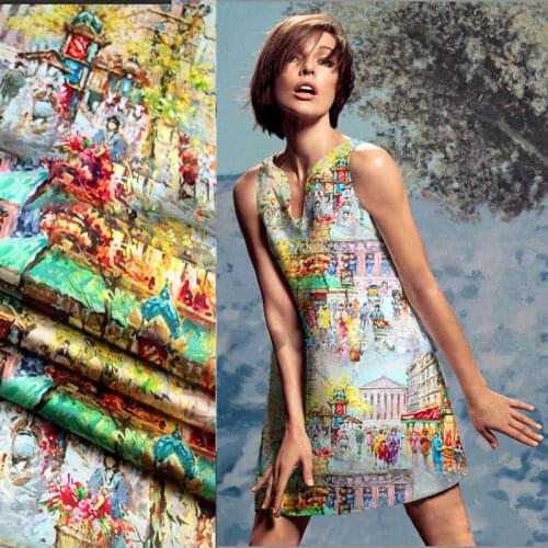 High quality digital printing elastic satin silk fabric France scenery prints real hollandis mulberry silk material quilt fabric