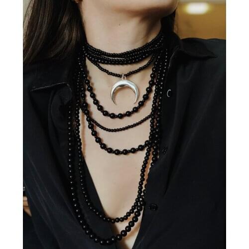 GULCE DERELI, CRESCENT SYMBOL CHARM, CHARM BLACK PEARL NECKLACE, PEARL NECKLACE, GIFT BOX, GOLD/SILVER PLATED