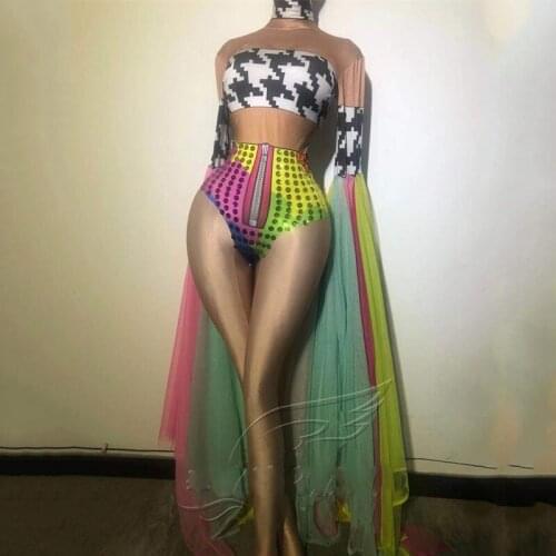 Rhinestone Bodysuit Elastic Colored Hand-Sleeved High-Fork Short One-Piece Stage Costume Women Birthday Celebrate Dress DN9685