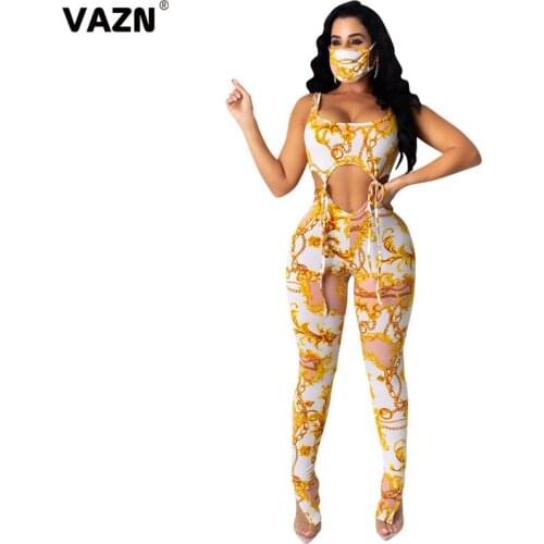 VAZN 2020 New Open Sexy Night Club Hollow out Retro Young Designer Spaghetti Strap Top Group Long Pants Slim Women 3 Piece Set
