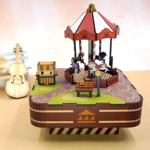 New Wooden DIY Carousel Music Box Kit Handmade Miniature Accessories Dollhouse Toys Electronic Assembled Model Girls Gifts
