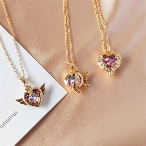 New Design Color Zircon Pendant Necklace Stainless steel Chain For Women Girls Heart Fish Copper Charms Choker Jewelry Gifts