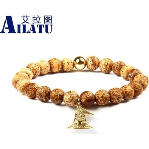 Ailatu Wholesale New Arrival 8mm Natural Weathering Onyx Stone with Clear Cz Witch Hat Beaded Bracelet for Halloweens Gift
