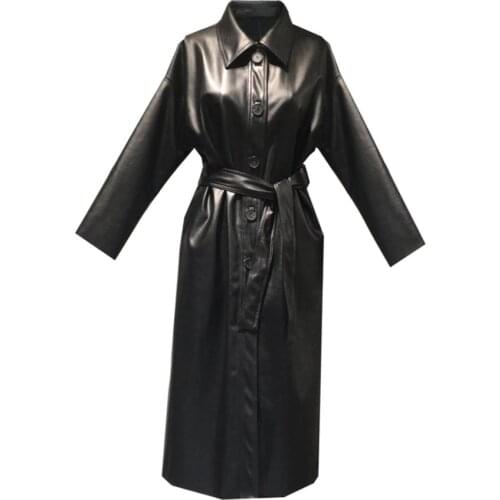 2020 autumn fashion women black pu leather trench windbreaker outwear coat long style solid sash