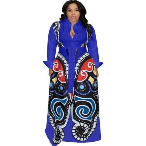 New Spring Autumn Butterfly Printed Big Swing Dress Africa Clothing Long Sleeve Turn-down Collar Maxi Dress Bohemian Plus Size