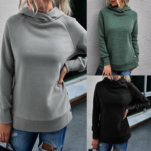 Stylish Women Solid Color Hoodie Long Sleeve Split Buttons Hem Sweatshirt winter tops for women