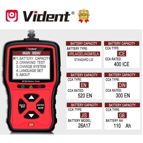 VIDENT iBT200 12V Car Battery Tester 24V Heavy Duty Trucks Charger Analyzer 100 to 2000 CCA Vehicle Cranking Scanner Tool