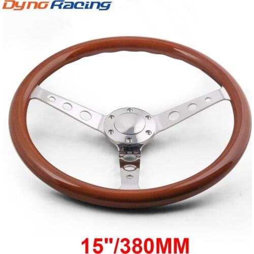 Universal 380mm 15 inch Classic Real Wood Steering Wheel with Rivet Black Wooden Racing Car Steering Wheel with Chrome Silver