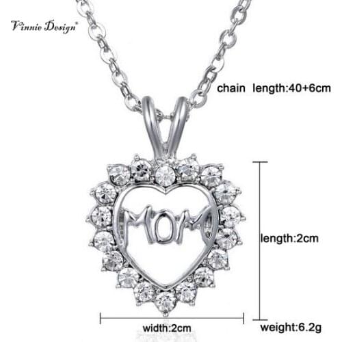 Vinnie Design Jewelry Silver Plated Mom Love Necklaces Jewelry Crystal Heart Pendant Necklace Mothers Day Gifts 5pcs/lot