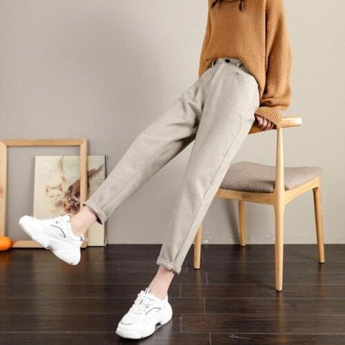 Womens Pants Apring Autumn Korean High waist Loose Woolen Pants Casual Trousers Women Solid Plus size warm Harem Pants