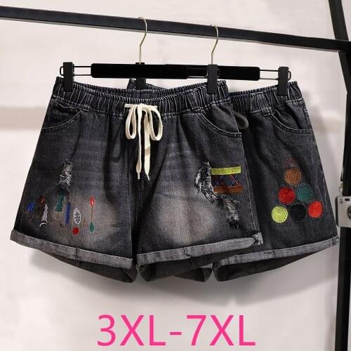 New 2021 spring summer plus size denim shorts for women large loose casual elastic waist hole shorts black belt 4XL 5XL 6XL 7XL