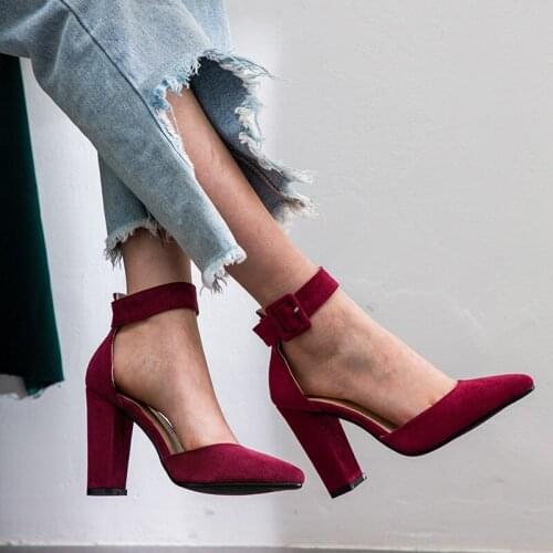 YMECHIC Summer 2019 Flock Black Red Shoes Woman High Heel Daily Office Block Heels Women Pumps Plus Size Ankle Buckle Shoes 42