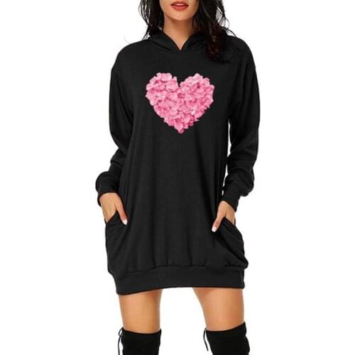 Pink Heart Flower Print Hoodies Dress Women Long Sleeve O-Neck Loose Sweatshirt Autumn Winter Casual Bag Hip Pocket Plus Size
