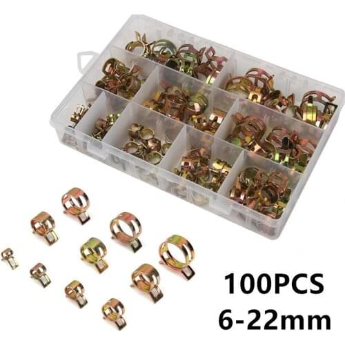 100PCS Zinc Plated 6-22mm Spring Fuel Oil Water Hose Clip Pipe Tube for Band Clamp Metal Fastener Assortment Kit