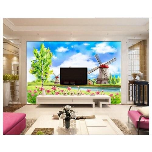 Customized 3d wallpaper 3d tv wall paper murals windmill flowers and plants landscape TV setting wall blue sky white cloud