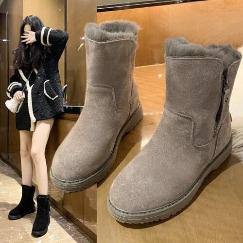 Cotton Shoes 2021 Winter Round Toe Fashion Side Zipper In The Tube Plus Velvet Casual Flat Bottom Womens Shoes Snow Boots