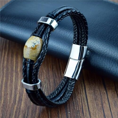 New Fashion Men Jewelry Natural Stone Genuine Leather Bracelet Black Stainless Steel Magnetic Clasp Tiger Eye Bead Bracelet Men