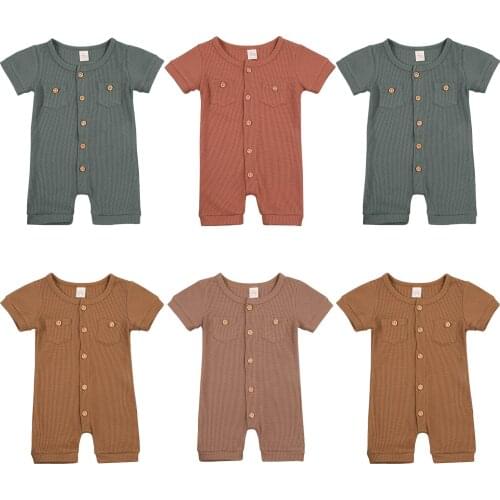 FOCUSNORM Newborn Baby Boys Girls Rompers Solid Short Sleeve Single Breasted Causal Jumpsuits 0-24M 4 Colors