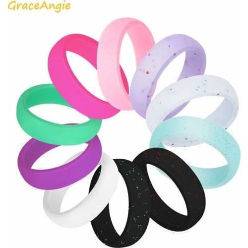 GraceAngie 10pcs Wholesale Women Colorful Silicone Rubber Ring Decored With Shiny Flash Powder Party Date Wedding Jewelry Gift