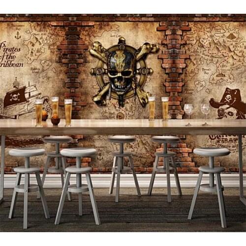 Customized 3d wallpaper retro pirate ship bar cafe background wall motorcycle nostalgic brick wall decoration painting фотообои