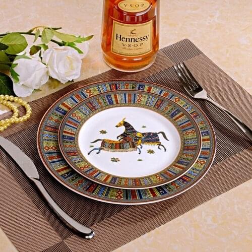 European Style Horse Ceramic Dinner Set Porcelain Gold Inlay Dessert Plate Steak Salad Snack Cake Plates Tableware Free Shipping