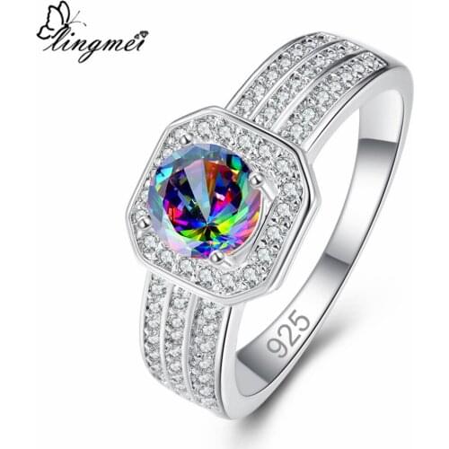 Lingmei Cocktail Party Jewelry Multi & White & Blue Cubic Zircon Silver ColorFashionRing Size6 7 8 910 11 12 Women Men