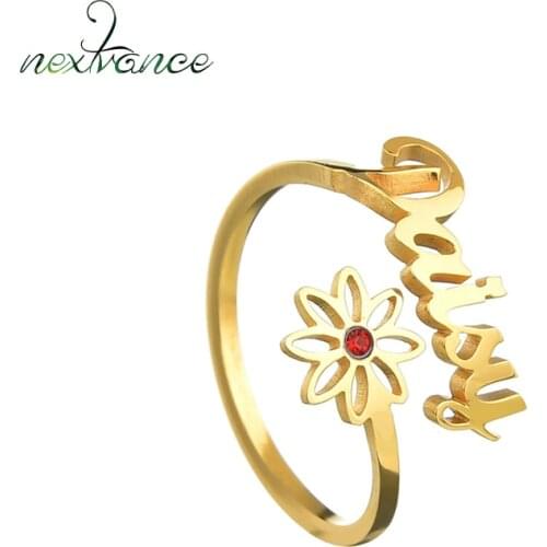 Nextvance 12 Birthstones Personalized Name Ring Flower Stainless Steel Custom Adjustable Opening Rings Name for Woman Birthday