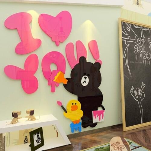 New Arrival Brown Bear Cartoon Wall Stickers for Kids Rooms Living Room Backdrop Wall Decoration Creative Acrylic 3D Sticker