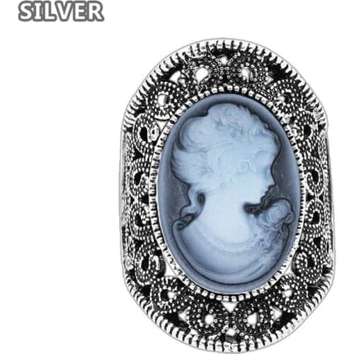 Oval Lady Queen Cameo/Victoria Rings For Women Vintage Hollow Flower Rings Antique Silver Cocktail Party Fashion Jewelry