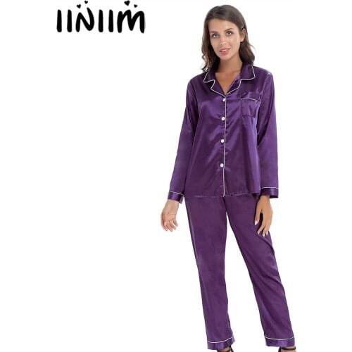 Womens Female Satin Pajamas Set Spring Autumn Button Down Shirts Blouse Sleep Tops with Pants Sleepwear Nightwear Loungewear
