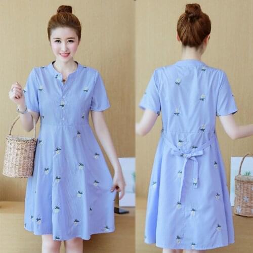 Maternity Dresses Summer Fashion Flower Embroidery Short sleeve Clothes for Pregnant Women Striped Pregnancy Clothing