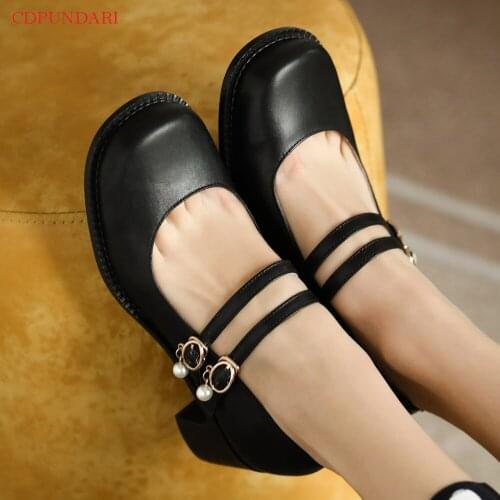 Luxury Mary Janes Genuine Leather High Heels Pumps Ladies Spring Popular Round Toe Casual Shoes Bride Black White