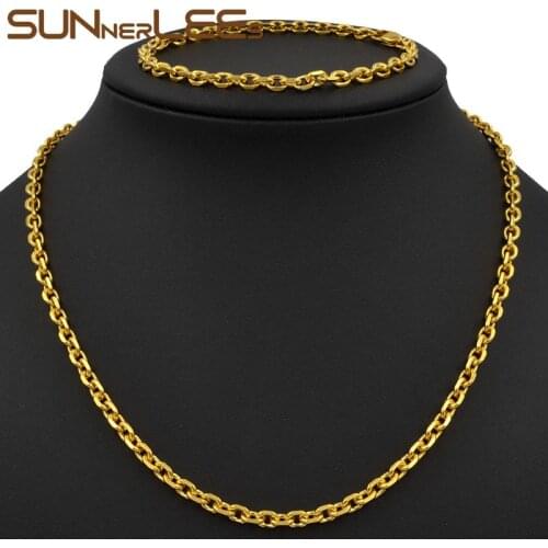 SUNNERLEES Fashion Jewelry Gold Color Necklace Bracelet Set 6mm Oval Link Chain For Mens Womens Gift C29 S