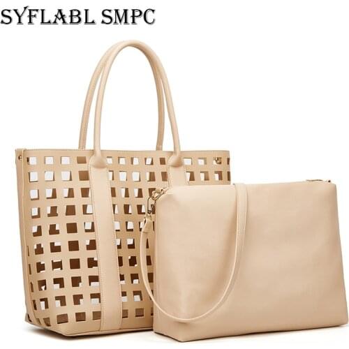 Fashion Large Capacity Solid Color Shoulder Bags Women Trend Simple Hollow Out Tote Bag Ladies Travel Shopping Leather Handbag