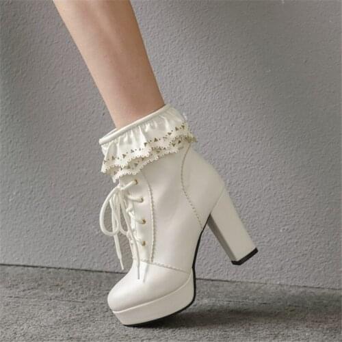 PXELENA Hot 5 Colors Elegant Ruffles Women Wedding Boots Bride Shoes White Beige Pink Red Block High Heels Cosplay Uniform Boots