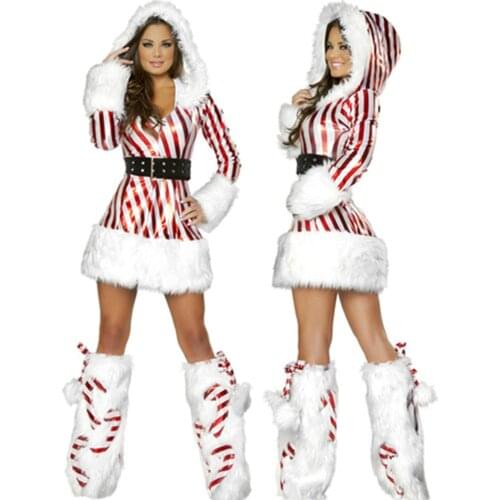 Women Velvet Striped Hooded Christmas Dress Winter Santa Mrs Claus Costume Fancy Dress Sexy Cosplay Costume Party Dress Up